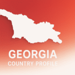 Flat-design 16:9 cover image of Georgia’s map silhouette in white over a smooth vertical red-to-white gradient background.
