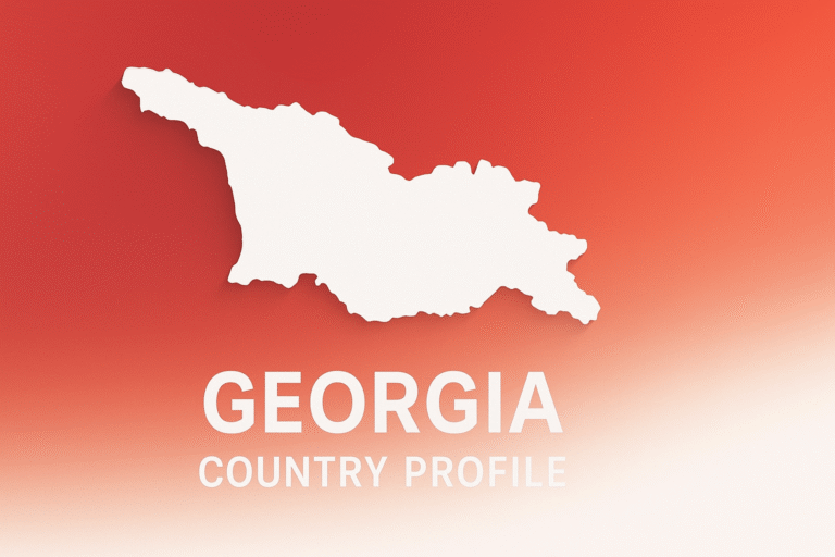 Flat-design 16:9 cover image of Georgia’s map silhouette in white over a smooth vertical red-to-white gradient background.