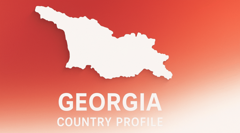 Flat-design 16:9 cover image of Georgia’s map silhouette in white over a smooth vertical red-to-white gradient background.