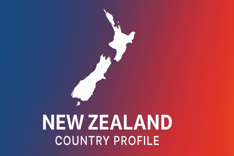 High-resolution flat-design cover image of New Zealand’s map silhouette on a vertical gradient background in the national flag’s blue, white, and red.