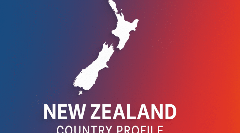 High-resolution flat-design cover image of New Zealand’s map silhouette on a vertical gradient background in the national flag’s blue, white, and red.