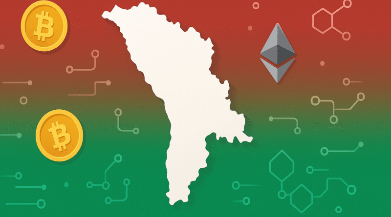 Illustration of Transnistria’s map silhouette with Bitcoin and Ethereum icons over a red-to-green gradient, symbolizing the region’s crypto-mining activity.