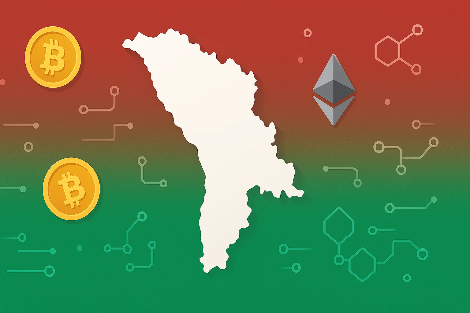 Illustration of Transnistria’s map silhouette with Bitcoin and Ethereum icons over a red-to-green gradient, symbolizing the region’s crypto-mining activity.