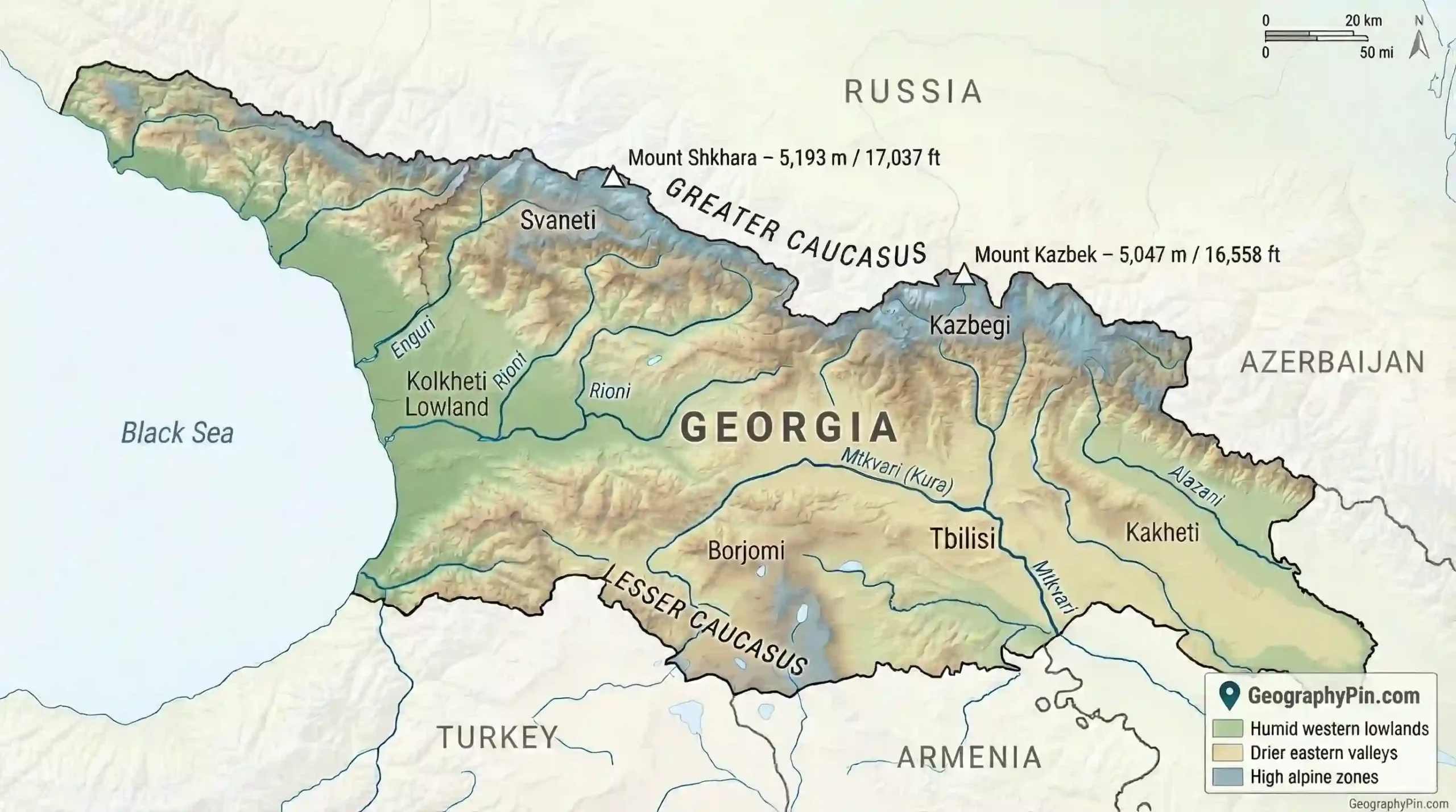 Physical map of Georgia showing Greater and Lesser Caucasus, main rivers and regions.