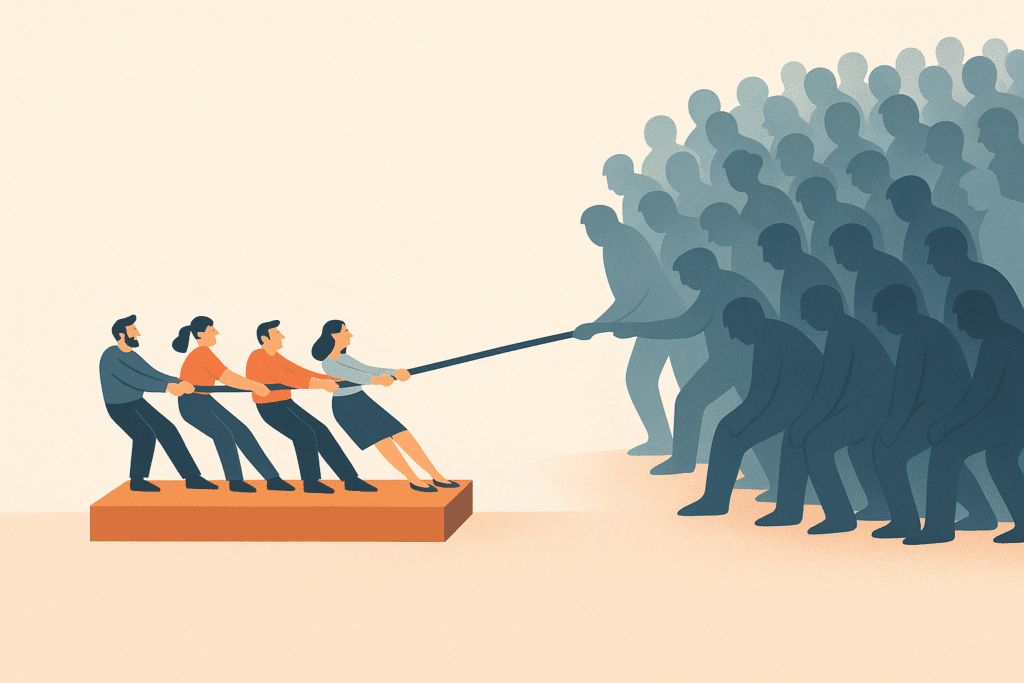 Four people on a raised platform pulling a rope against a much larger crowd, symbolizing small nations out-pulling global powers in cultural influence.