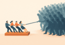 Four people on a raised platform pulling a rope against a much larger crowd, symbolizing small nations out-pulling global powers in cultural influence.