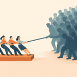 Four people on a raised platform pulling a rope against a much larger crowd, symbolizing small nations out-pulling global powers in cultural influence.