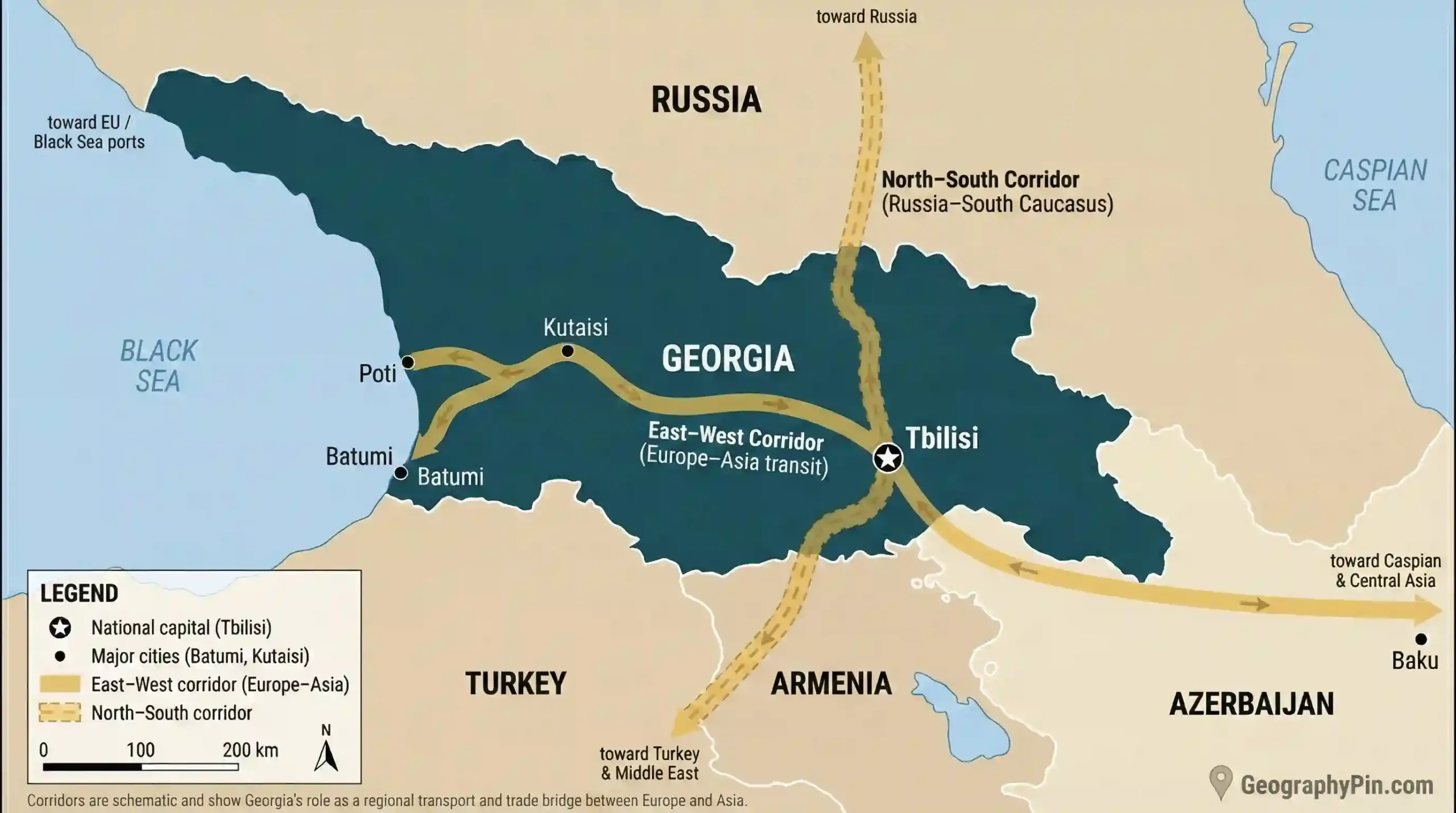 Map of Georgia showing east–west and north–south transport corridors through the South Caucasus.