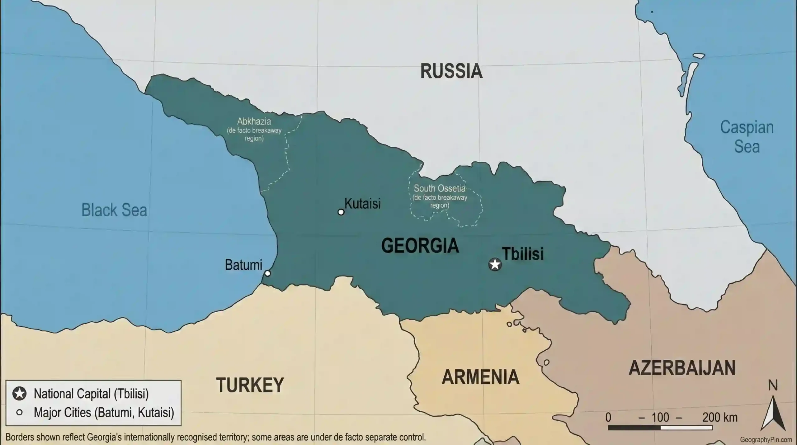 Political map of Georgia with Tbilisi, Batumi, Kutaisi and the breakaway regions of Abkhazia and South Ossetia.
