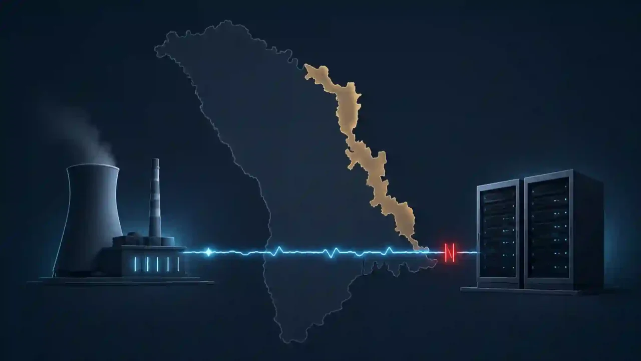 Editorial illustration of a power plant and mining servers linked by electricity across a highlighted Transnistrian strip inside Moldova.