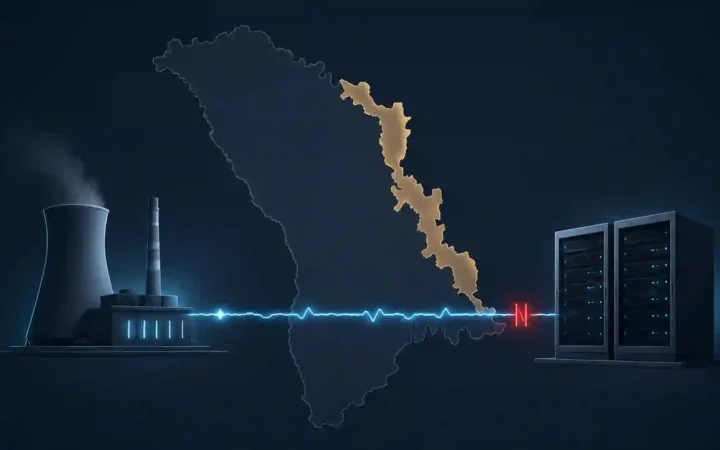 Editorial illustration of a power plant and mining servers linked by electricity across a highlighted Transnistrian strip inside Moldova.