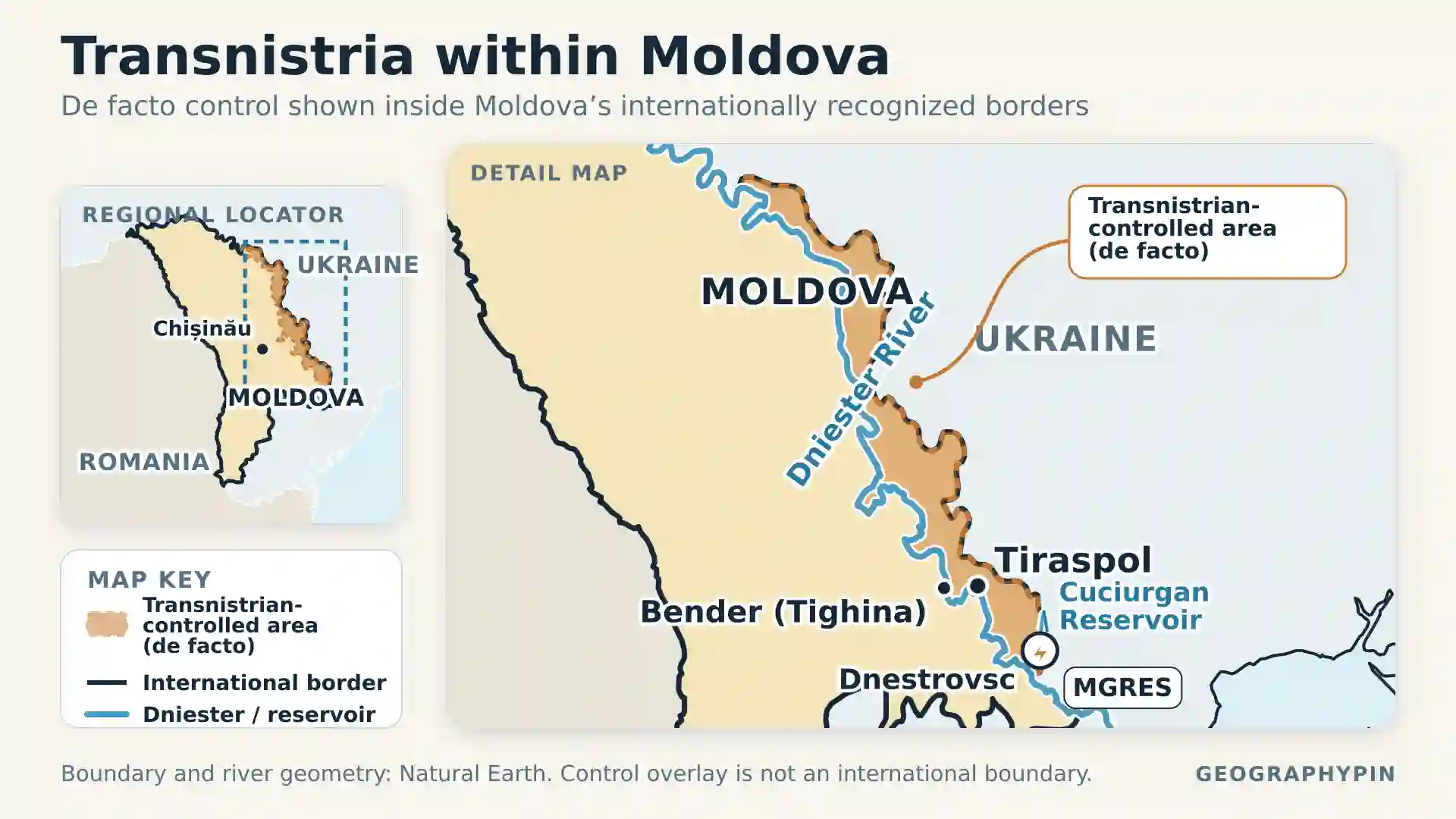 Map of Moldova showing the Transnistrian-controlled territory along the Dniester, Tiraspol, Bender, Dnestrovsc, Cuciurgan Reservoir and MGRES near Ukraine.