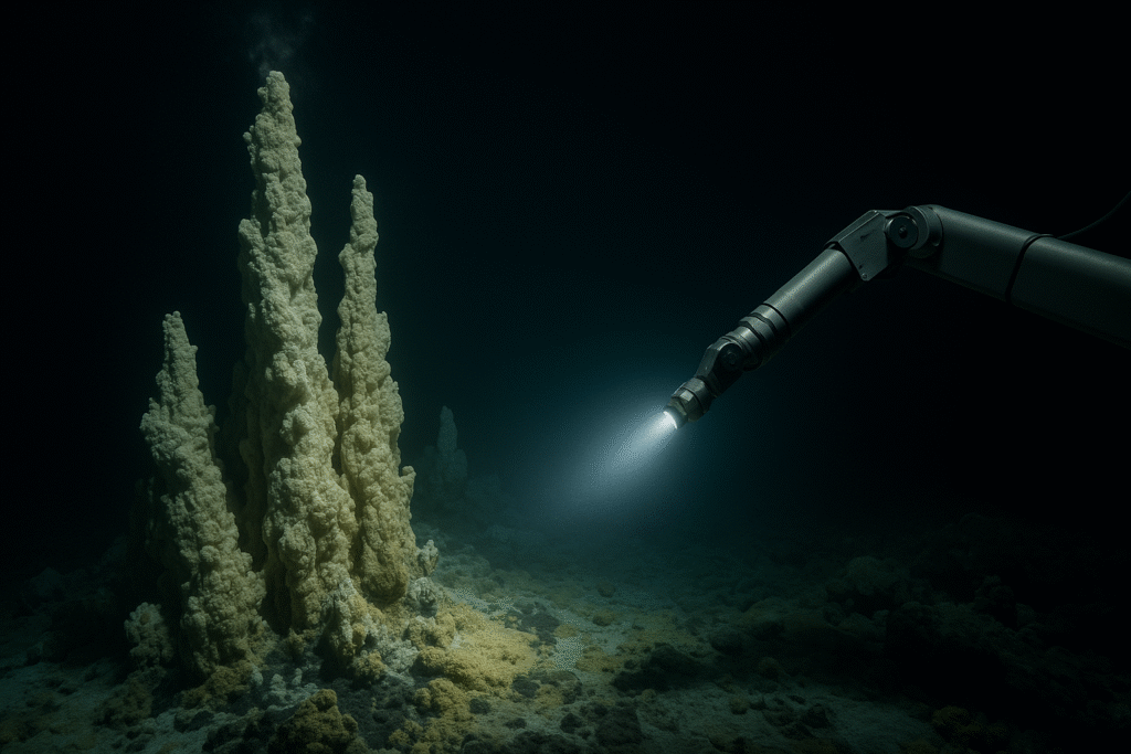 Alkaline hydrothermal vent carbonate towers (Lost City–type) lit by an ROV sampling arm over microbial mats on the ocean floor