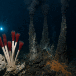 black smoker hydrothermal vents with dark mineral plumes and a cluster of giant tube worms (Riftia pachyptila) on the deep-sea floor, illuminated by an ROV light.