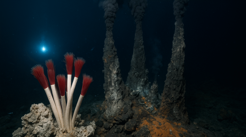 black smoker hydrothermal vents with dark mineral plumes and a cluster of giant tube worms (Riftia pachyptila) on the deep-sea floor, illuminated by an ROV light.
