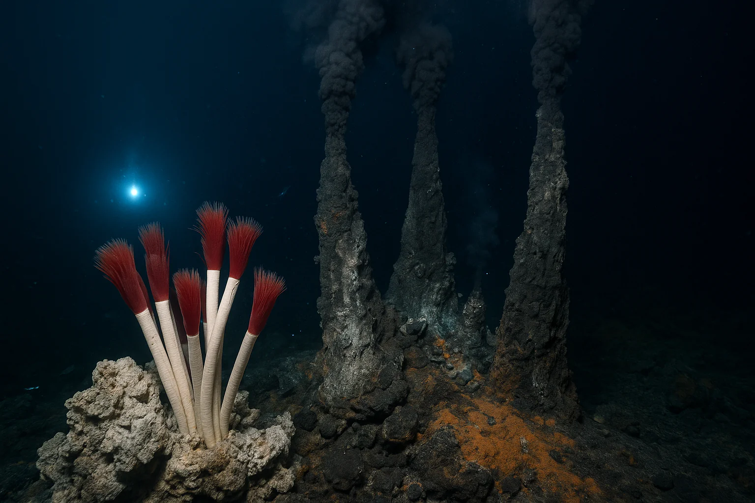 black smoker hydrothermal vents with dark mineral plumes and a cluster of giant tube worms (Riftia pachyptila) on the deep-sea floor, illuminated by an ROV light.