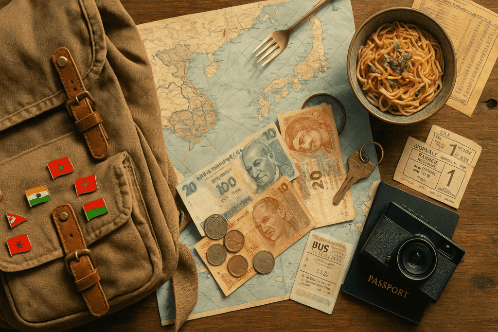 Travel budget essentials laid out on a wooden table, including a backpack with flag pins, foreign currency, a passport, vintage camera, bus tickets, noodles, and a map of Southeast Asia.