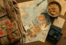 Travel budget essentials laid out on a wooden table, including a backpack with flag pins, foreign currency, a passport, vintage camera, bus tickets, noodles, and a map of Southeast Asia.
