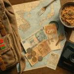 Travel budget essentials laid out on a wooden table, including a backpack with flag pins, foreign currency, a passport, vintage camera, bus tickets, noodles, and a map of Southeast Asia.
