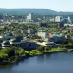 Aerial view of Gatineau with the Canadian Museum of History on the Ottawa River.