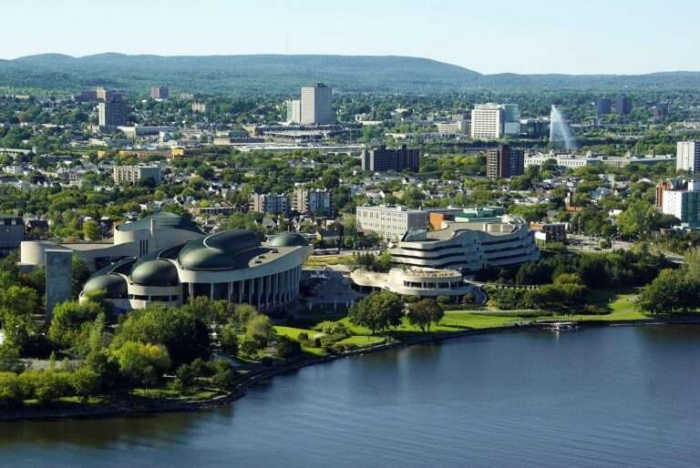Aerial view of Gatineau with the Canadian Museum of History on the Ottawa River.