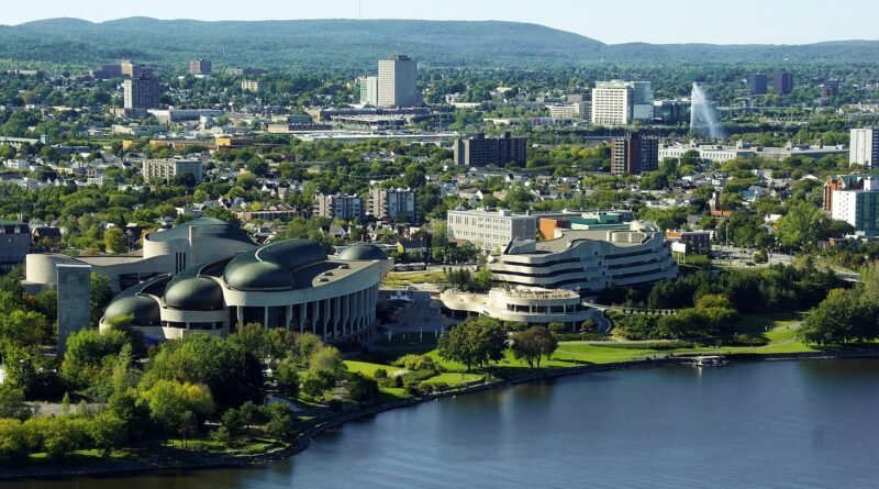 Aerial view of Gatineau with the Canadian Museum of History on the Ottawa River.