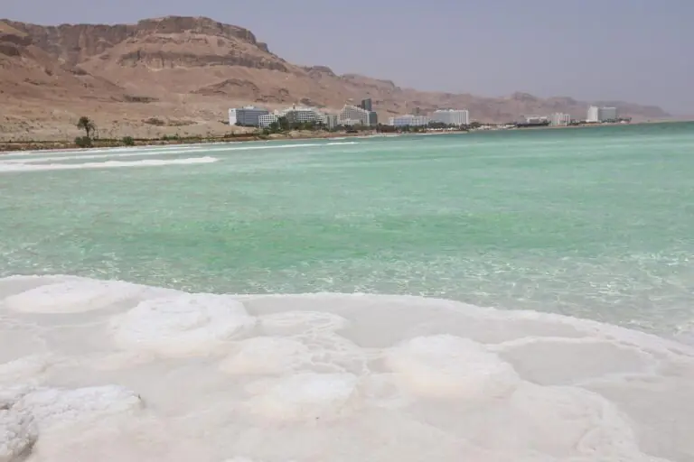 Salt formations along the Dead Sea shoreline with turquoise water and desert mountains in the background.