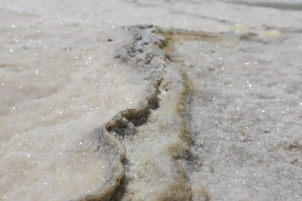 Close-up of natural salt crystal formations on the Dead Sea shoreline.Title: Dead Sea Salt Crystals Close-Up