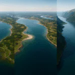 a semi-enclosed gulf with broad basin and ports (left), a wide-mouthed bay with beaches and wetlands (center), and a narrow, steep-walled fjord bordered by high mountains and deep water (right).