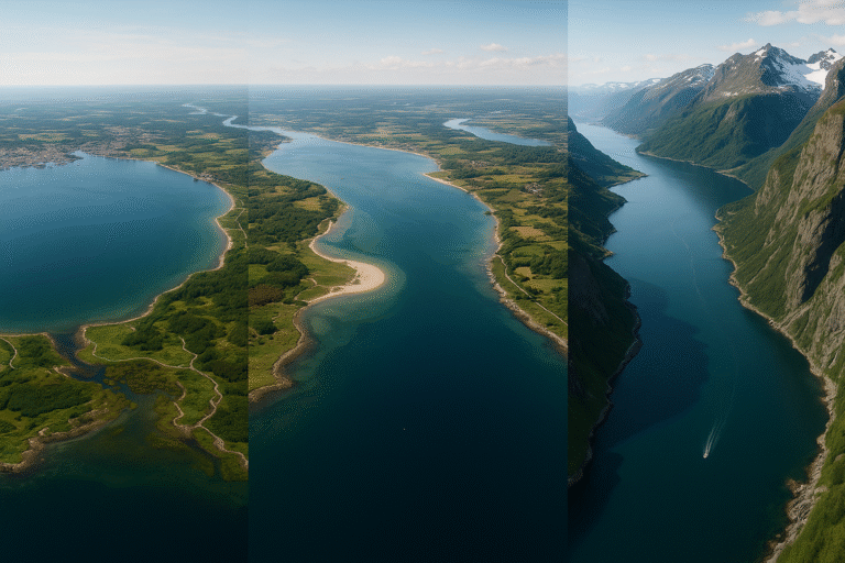a semi-enclosed gulf with broad basin and ports (left), a wide-mouthed bay with beaches and wetlands (center), and a narrow, steep-walled fjord bordered by high mountains and deep water (right).