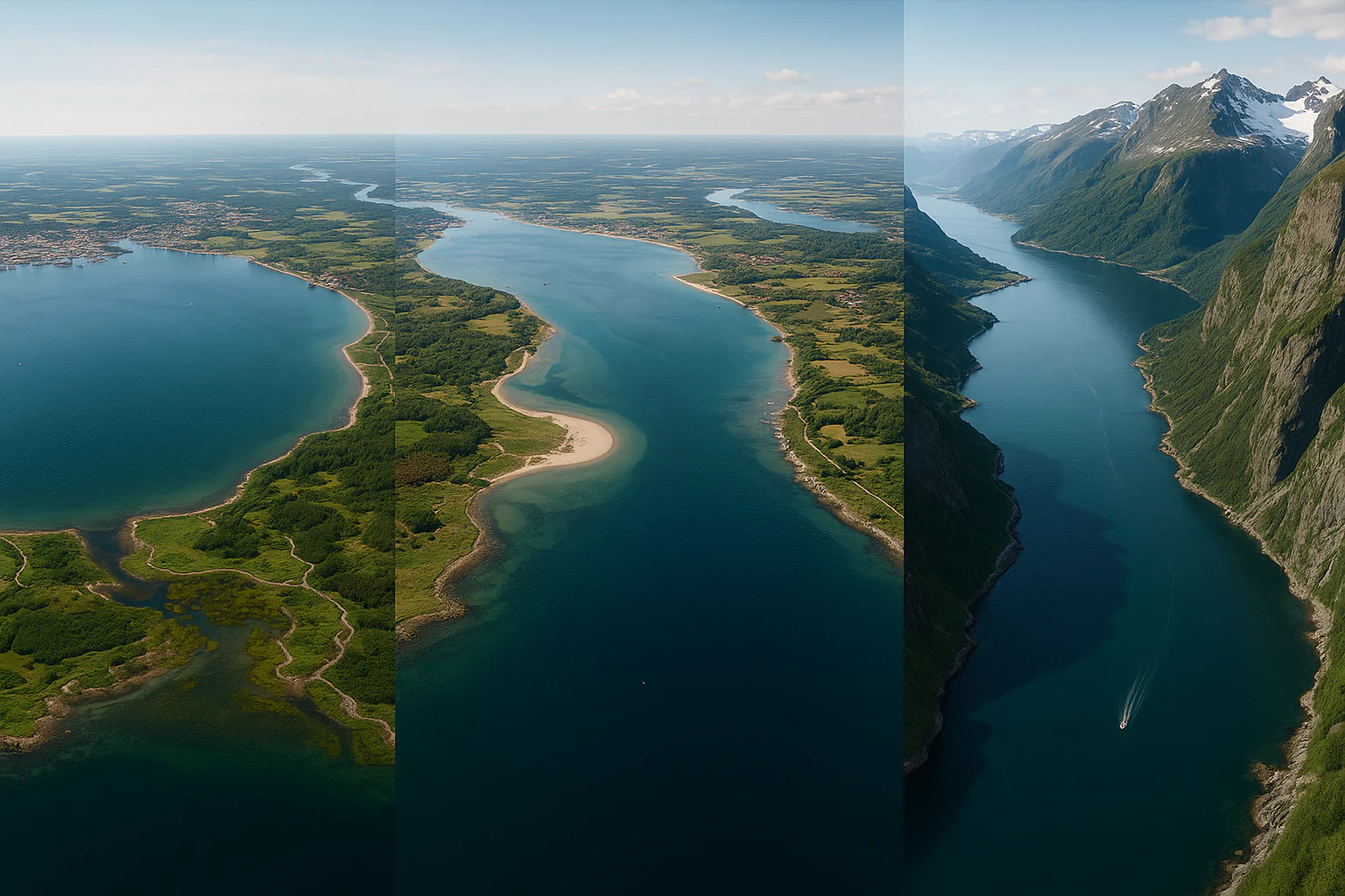 a semi-enclosed gulf with broad basin and ports (left), a wide-mouthed bay with beaches and wetlands (center), and a narrow, steep-walled fjord bordered by high mountains and deep water (right).