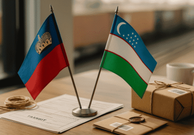 Table flags of Liechtenstein and Uzbekistan beside transit paperwork and small parcels, illustrating overland trade for double landlocked countries.