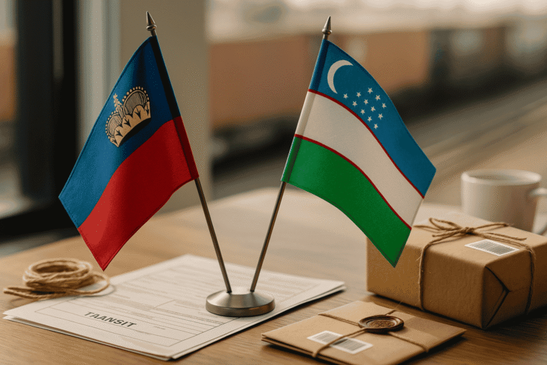 Table flags of Liechtenstein and Uzbekistan beside transit paperwork and small parcels, illustrating overland trade for double landlocked countries.