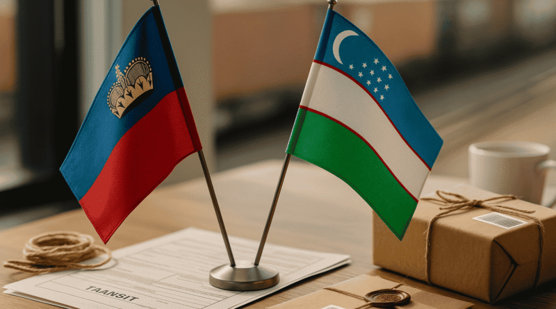 Table flags of Liechtenstein and Uzbekistan beside transit paperwork and small parcels, illustrating overland trade for double landlocked countries.