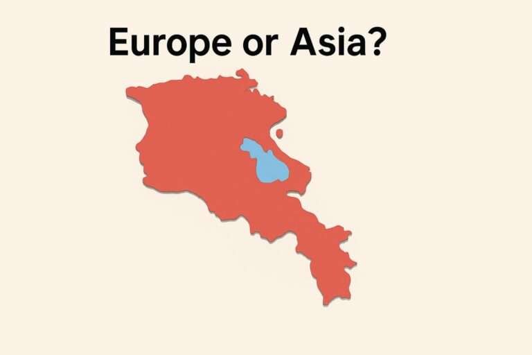 map of Armenia with Lake Sevan highlighted and the headline “Europe or Asia?”—emphasizing the country’s continental classification question.
