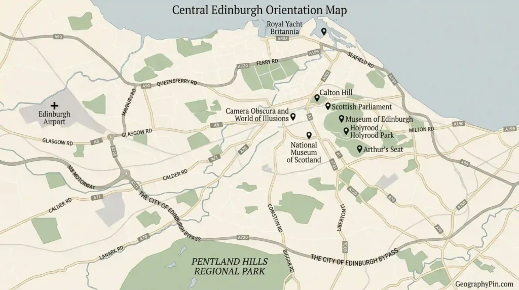 Central Edinburgh orientation map showing Edinburgh Airport, Royal Yacht Britannia, Calton Hill, Holyrood, Arthur’s Seat, and other key visitor landmarks.