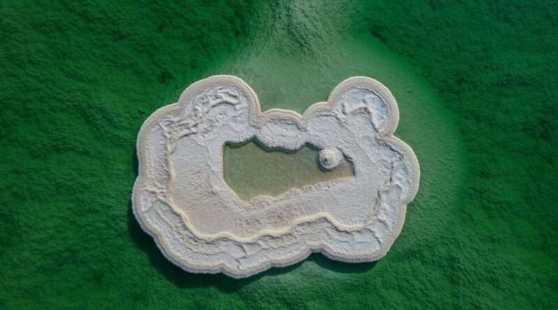 Aerial view of a white salt island formation in the green waters of the Dead Sea, showing crystallized magnesium and mineral deposits.