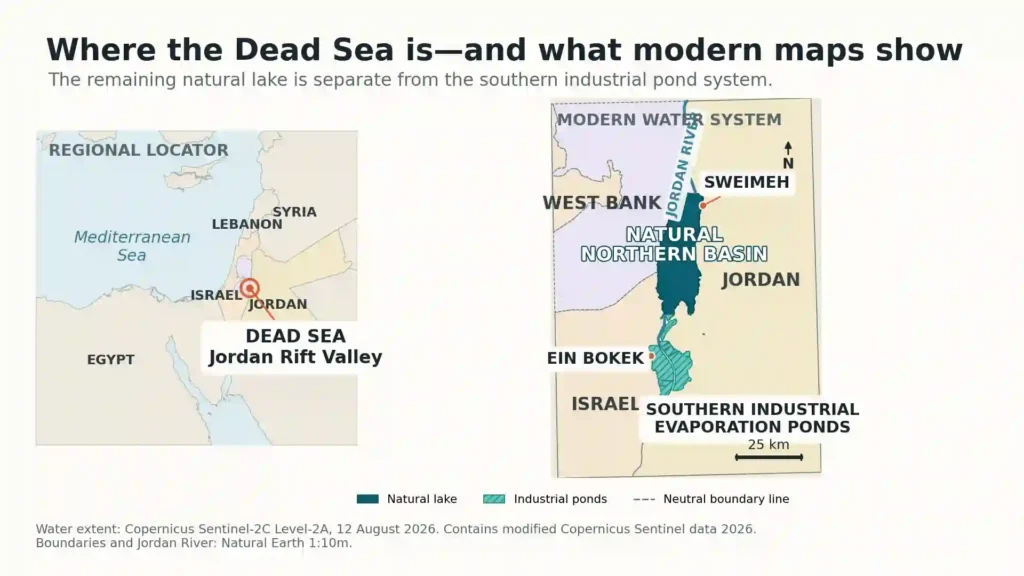 Map of the Dead Sea showing Jordan, Israel, the West Bank, the Jordan River, the natural northern basin and southern industrial evaporation ponds.