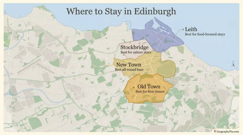 Where to stay in Edinburgh map showing Old Town, New Town, Stockbridge, and Leith with notes on the best area for different trip styles.