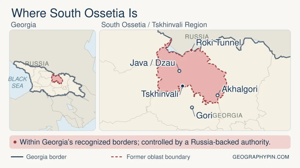 Map showing South Ossetia within Georgia, with Tskhinvali, Gori, Java, Akhalgori, the Roki Tunnel and the former oblast boundary.