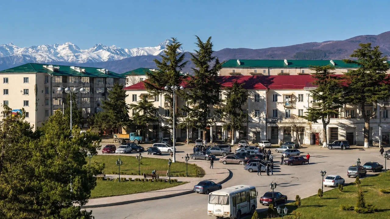 Tskhinvali cityscape with urban buildings, traffic, evergreen trees and snow-covered Greater Caucasus mountains.