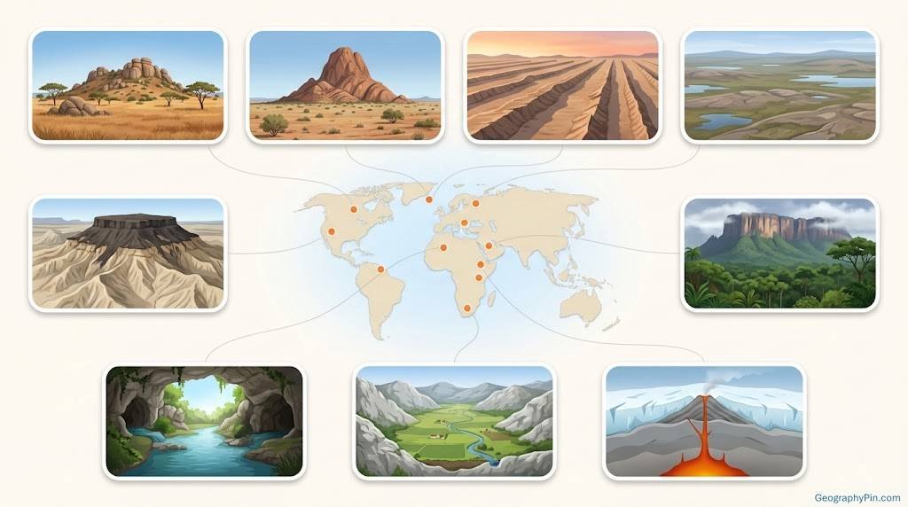 World map infographic showing nine panels of rare landforms and dots marking where they occur.