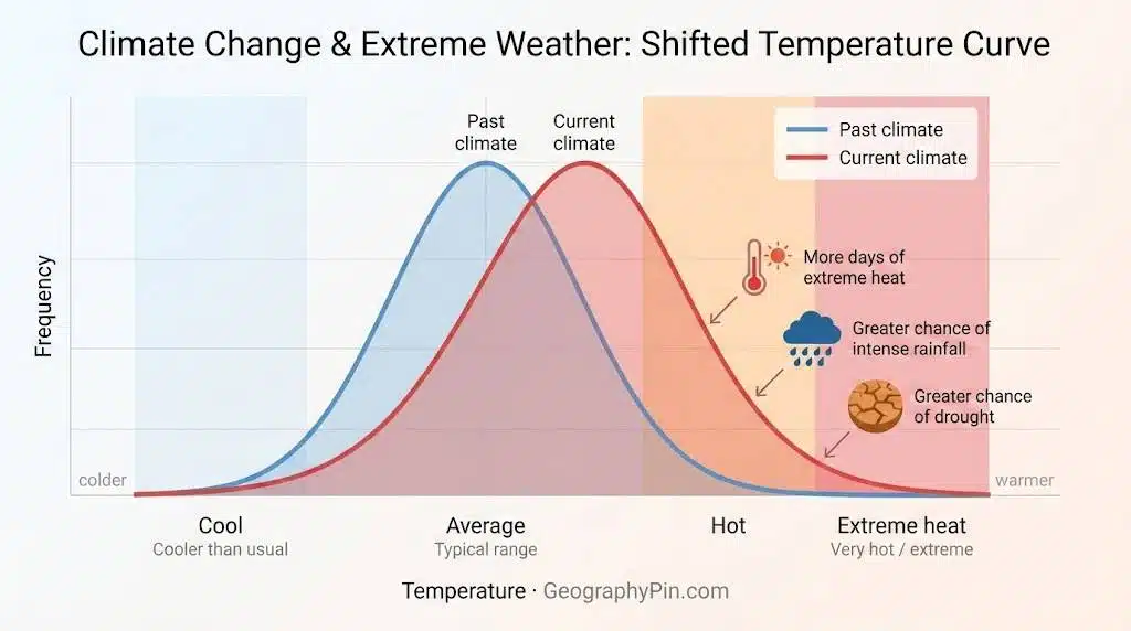 Graph comparing past and current climate temperature curves and the rise in extreme heat.