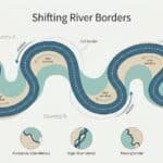Illustration of a meandering river where erosion, sandbars and shifting channels move the border.