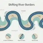 Illustration of a meandering river where erosion, sandbars and shifting channels move the border.