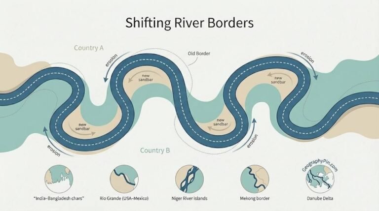 Illustration of a meandering river where erosion, sandbars and shifting channels move the border.