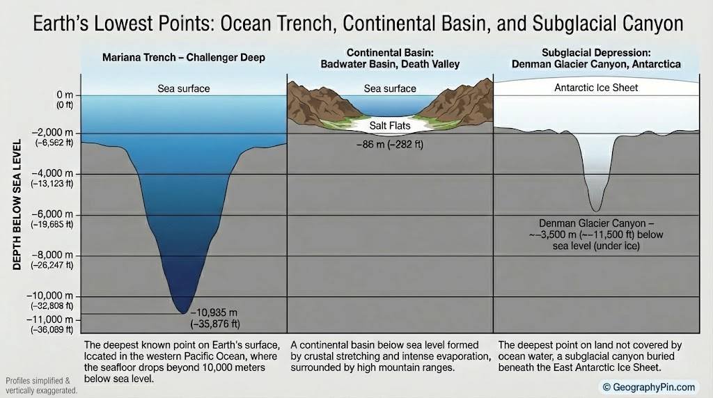 Cross-section comparing Mariana Trench Challenger Deep, Death Valley’s Badwater Basin, and Denman Glacier Canyon in Antarctica with depths below sea level.