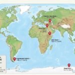 World map showing the lowest exposed points on each continent as of 2025, with elevation legend and labels in meters and feet.