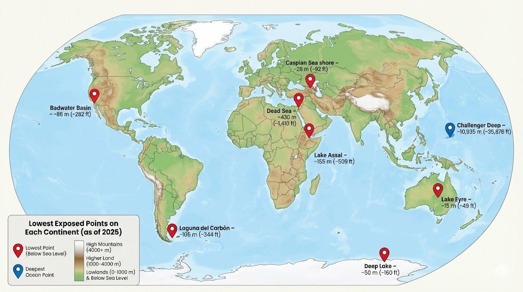 World map showing the lowest exposed points on each continent as of 2025, with elevation legend and labels in meters and feet.