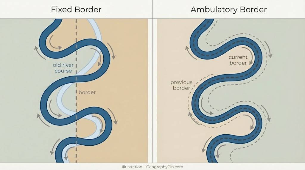 Diagram comparing a fixed border with an ambulatory border along a shifting river.